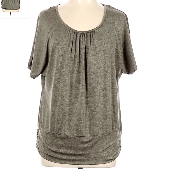 AB Studio Heathered Grey Pleated Ruched Short Sleeve Top Women's Large L EUC - Picture 1 of 7